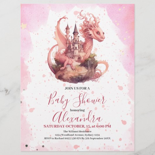 Budget Waterverf Pink Dragon Baby shower Flyer (Voorkant)