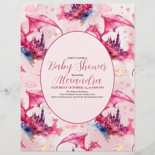 Budget Waterverf Pink Dragon Baby shower Flyer (Voorkant)