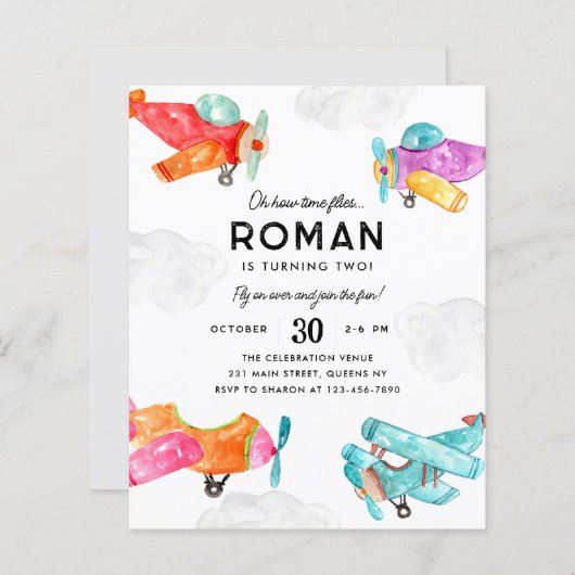 Budget Waterverf Planes Clouds Vliegtuig Verjaarda (Voorkant / Achterkant)