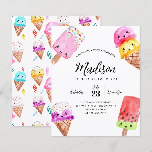 Budget Waterverf Popsicle Cone Ice Cream Verjaarda (Voorkant / Achterkant)