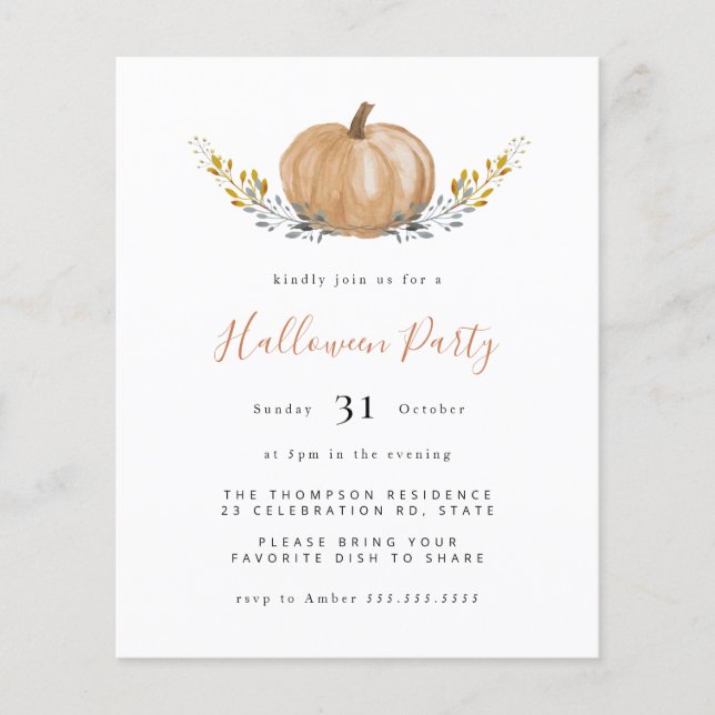 Budget Waterverf Pumpkin Halloween Party Invite (Voorkant)