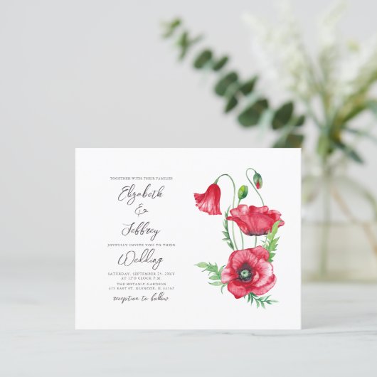 Budget Waterverf Red Poppy bruiloft uitnodiging (Staand voorkant)