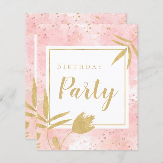 Budget Waterverf Roze Gold Birthday Party nodigt u (Voorkant / Achterkant)