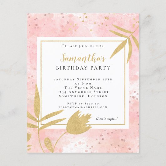 Budget Waterverf Roze Gold Birthday Party nodigt u (Achterkant)