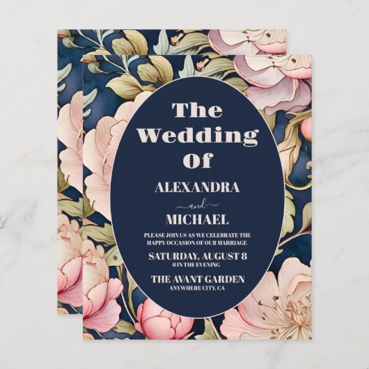 Budget Waterverf Roze Pioen Art Nouveau Bruiloft (Voorkant / Achterkant)