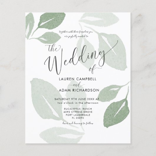 Budget Waterverf Sage Green Wedding Invitation (Voorkant)