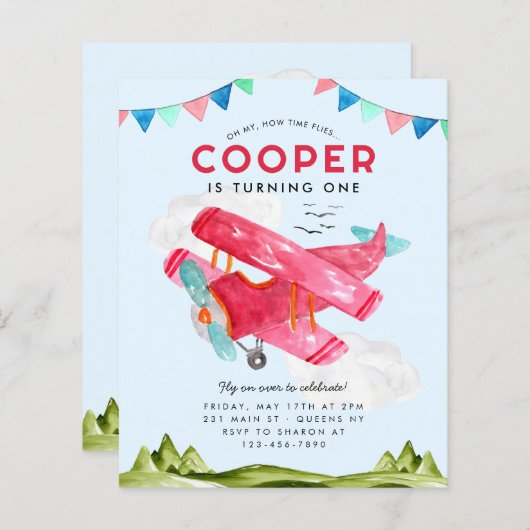 Budget Waterverf Sky Clouds Red Airplane Verjaarda (Voorkant / Achterkant)