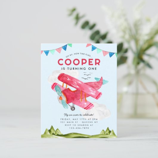 Budget Waterverf Sky Clouds Red Airplane Verjaarda (Staand voorkant)