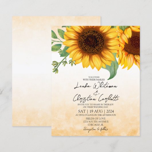 Budget Waterverf Sunflower bruiloft uitnodiging (Voorkant / Achterkant)