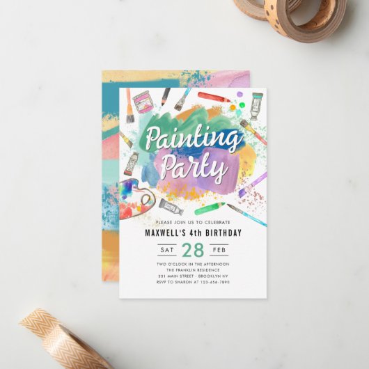 Budget Waterverf Verf Partij Verjaardag Notitiekaartje (Voorkant / Achterkant in situ)