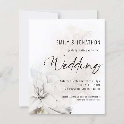 Budget Waterverf White Florals QR Wedding Invite (Voorkant)