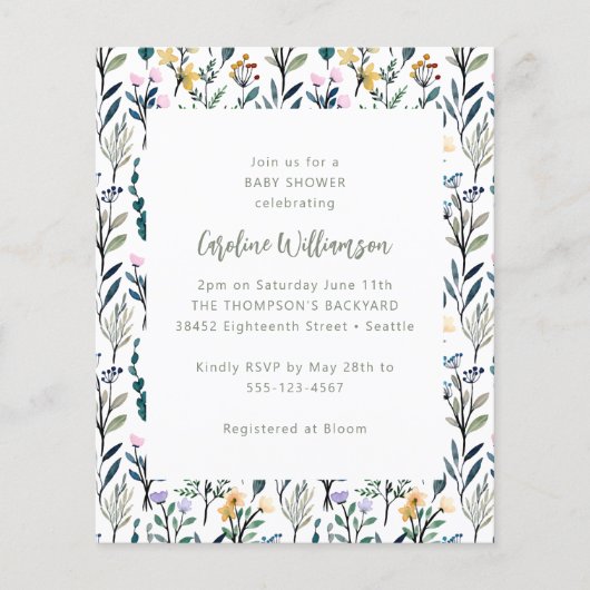 Budget Waterverf Wildflower Baby shower Uitnodigen (Voorkant)