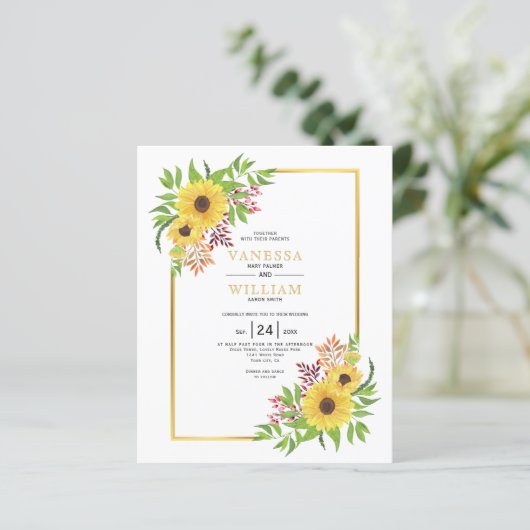 BUDGET Waterverf zonnebloemen bruiloft uitnodiging (Staand voorkant)