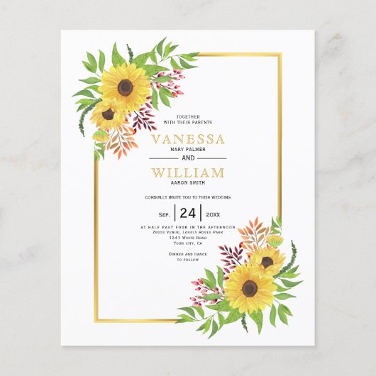 BUDGET Waterverf zonnebloemen bruiloft uitnodiging (Voorkant)