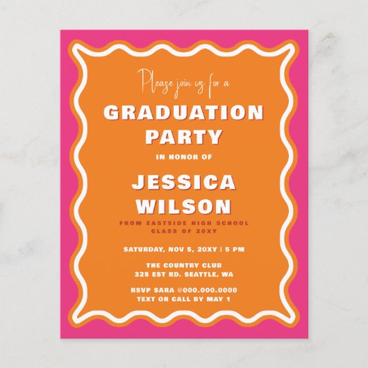 Budget Wavy Pink Oranje Foto Afstuderen Uitnodigen (Voorkant)