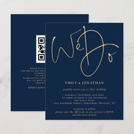 Budget We doen Gold Script Navy QR Wedding Invite (Voorkant / Achterkant)