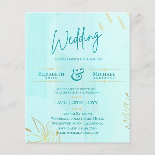 BUDGET Weddenschap Blauwgroen goud Abstract uitnod (Voorkant)