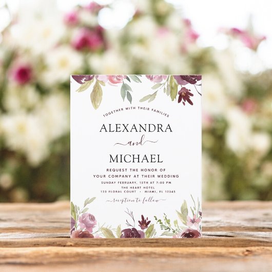 Budget Weddenschap Burgundy Pink Floral Uitnodigin