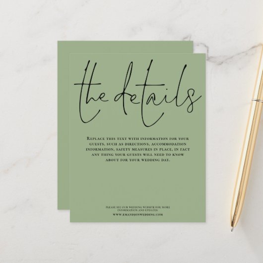 Budget Weddenschap Details Script Sage Green Enclo (Voorkant / Achterkant in situ)