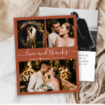Budget Weddenschap Foto Terracotta Hartelijk dank<br><div class="desc">Budget, Modern, Elegant Terracotta Hand Lettered Wedding 3 Foto Collage Dank u gepersonaliseerd betaalbaar, dunne kaart met laag budget. De minimalistische bruiloft dank u de sjabloon met drie (3) foto aan de voorkant en één (1) foto aan de achterkant. Met de tekst "Liefde en bedankt" in een handgeschreven lettertype met...</div>