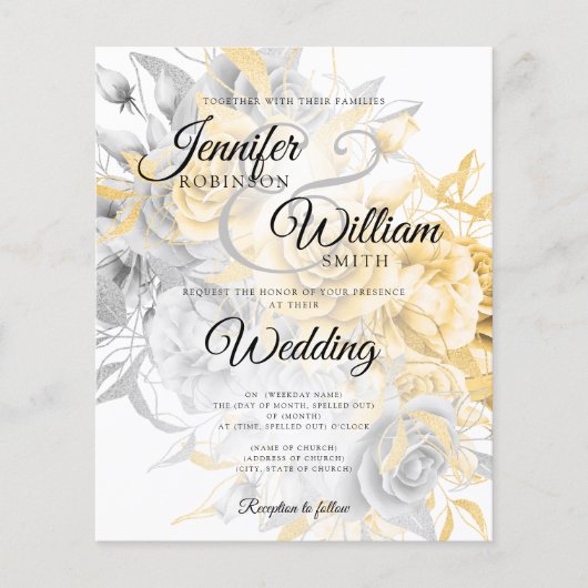 Budget Weddenschap Gold en Silver Floral Uitnodigi Flyer (Voorkant)