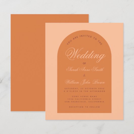 Budget Weddenschap Oranje Arch Calligraphy Invitat (Voorkant / Achterkant)
