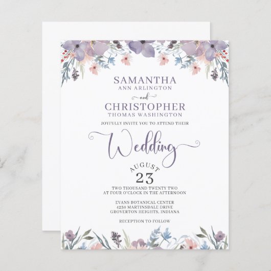 Budget Weddenschap Paarse Waterverf Floral Uitnodi (Voorkant / Achterkant)