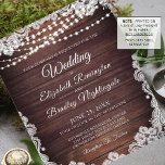 Budget Weddenschap Rustic Wood Lights Uitnodiging<br><div class="desc">Uitnodigingen voor een trouwe bruiloft, gedrukt op lichtgewicht papier, ideaal voor conservatieve budgetten en voor handmatige levering aan gasten. Mooi donker landhout met snaarlichten en witte kant met elegante scripttypografie. Alle tekst kan worden bewerkt om de tekst aan uw wensen aan te passen. Neem contact op met de ontwerper via...</div>