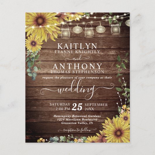 Budget Weddenschap Rustic Wood Sunflower Licht Jar (Voorkant)