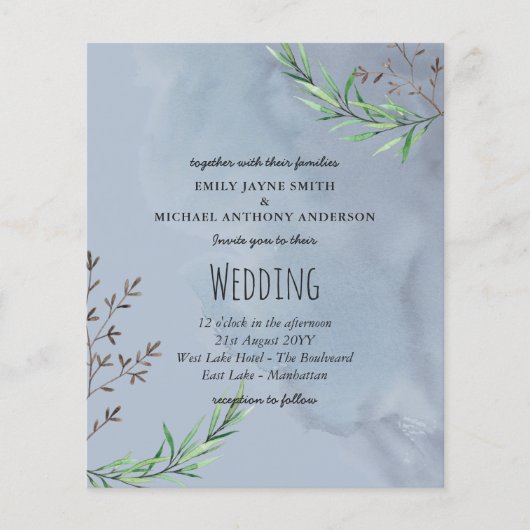 Budget Weddenschap Uitnodiging Blauwe Olijfbladere (Voorkant)