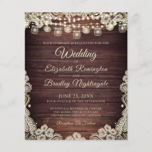 Budget Weddenschap Wood Jars Ivory Lace Uitnodigin (Voorkant)