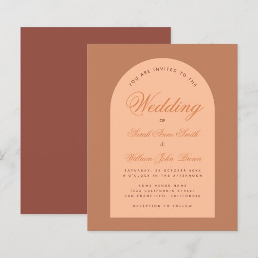 Budget Wedding Arch Calligraphy Brown Uitnodiging (Voorkant / Achterkant)