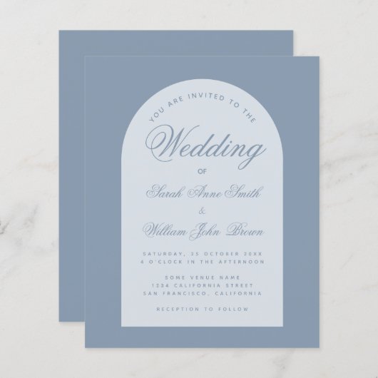 Budget Wedding Dusty Blue Arch-script (Voorkant / Achterkant)
