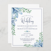 Budget Wedding Floral Blue Flowers Greenery Invite (Voorkant / Achterkant)