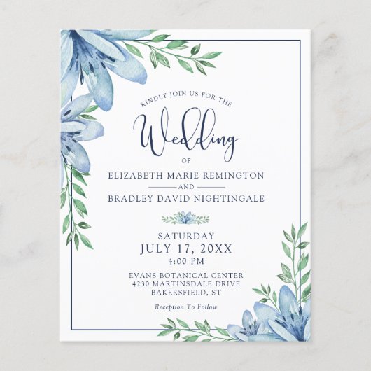 Budget Wedding Floral Blue Flowers Greenery Invite (Voorkant)
