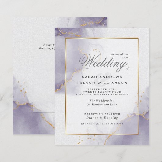 Budget Wedding Gold Dusty Plum Paarse Uitnodiging (Voorkant / Achterkant)