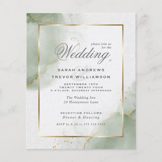 Budget Wedding Gold Muted Sage Green Uitnodiging (Voorkant)