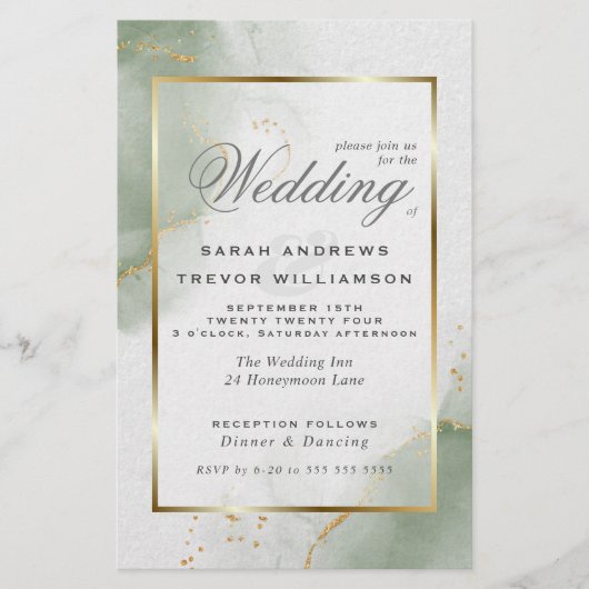 Budget Wedding Gold Muted Sage Green Uitnodiging (Voorkant)