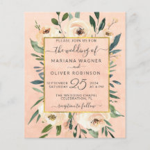 Budget Wedding Invitation Floral Beige Gold Pink