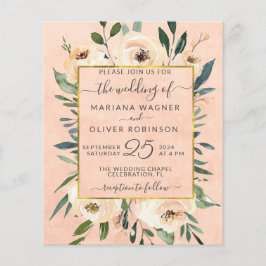 Budget Wedding Invitation Floral Beige Gold Pink
