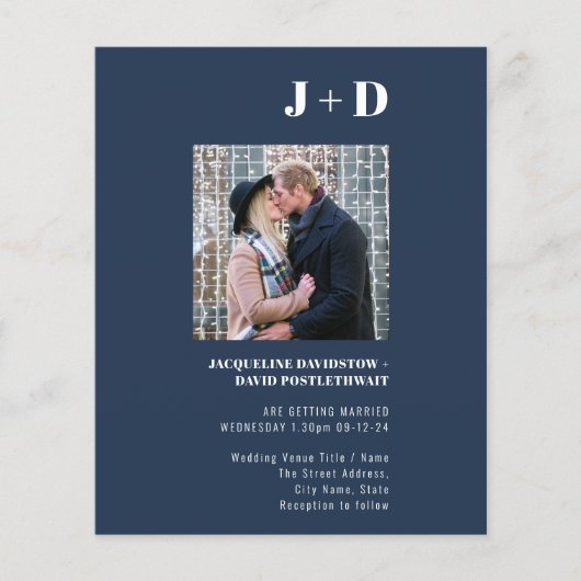 Budget Wedding Invitation Modern Navy Blue Foto Flyer (Voorkant)