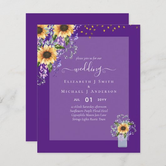 BUDGET WEDDING INVITATIONS Rustige Sunflower CHIC (Voorkant / Achterkant)