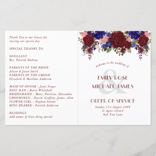 Budget Wedding Programme Burgundy Blue Rozen Flowe (Voorkant)