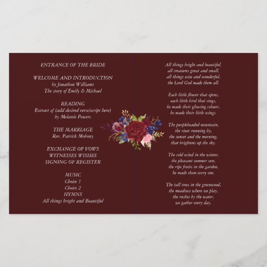Budget Wedding Programme Burgundy Blue Rozen Flowe (Achterkant)