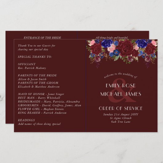 Budget Wedding Programme Burgundy Blue Rozen Flowe (Voorkant / Achterkant)