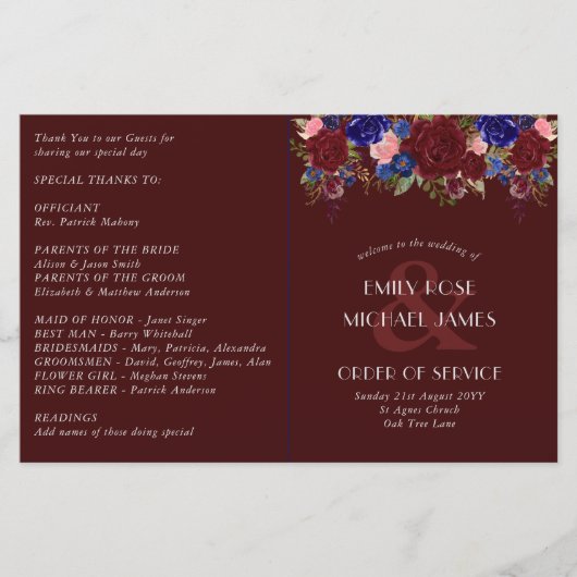 Budget Wedding Programme Burgundy Blue Rozen Flowe (Voorkant)