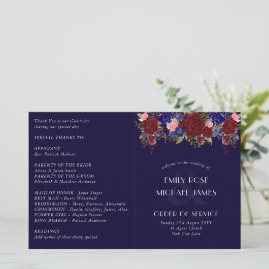Budget Wedding Programme Burgundy Blue Rozen Flowe (Staand voorkant)