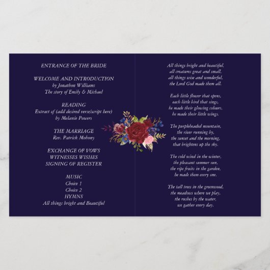 Budget Wedding Programme Burgundy Blue Rozen Flowe (Achterkant)