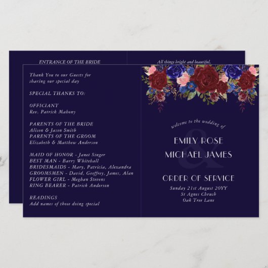 Budget Wedding Programme Burgundy Blue Rozen Flowe (Voorkant / Achterkant)