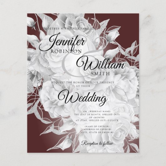 Budget Wedding Silver & Burgundy Floral Uitnodigin Flyer (Voorkant)